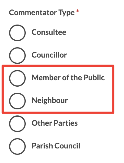 The Commentator Type selection on the Wiltshire Council planning portal.