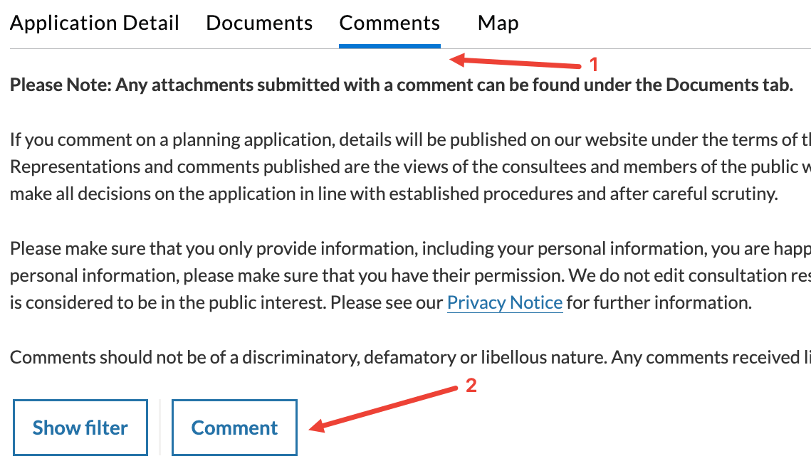 The Comments tab and Comment button on the Wiltshire Council planning portal.