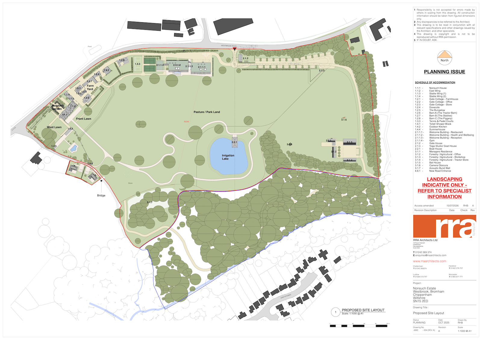 Site layout showing the proposed hotel buildings, car parking and new access road to the estate.